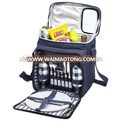 Blue Insulated Picnic Basket - Lunch Tote Cooler Backpack w/ Flatware Two Place Setting